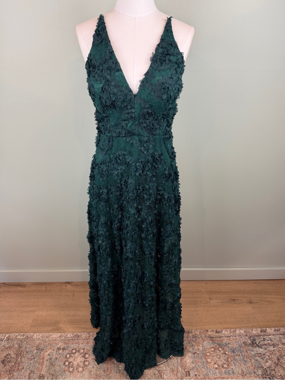 Xscape Elegant dark Green 3D Floral V-Neck Elegant Gown Fairy Whimsical formal 6